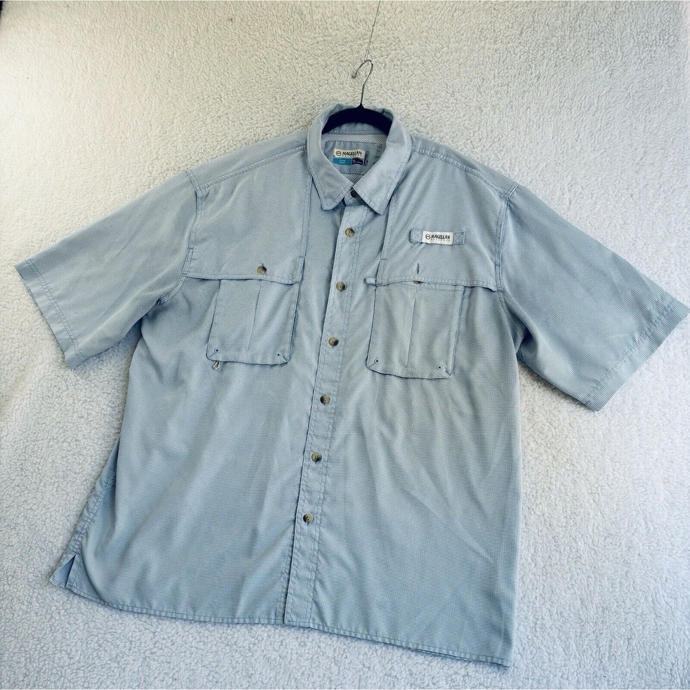 Magellan Men XL Blue White Check Short Sleeve Button Down Relaxed Fish Gear - Picture 4 of 12
